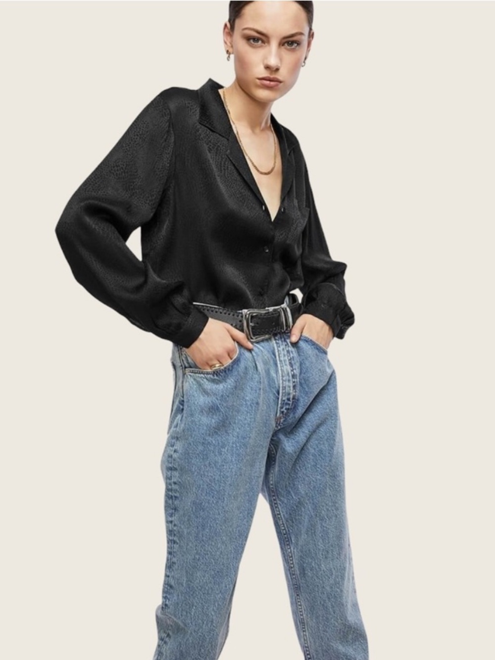 Anine Bing Black Lilah Satin Jacquard Button Down Shirt